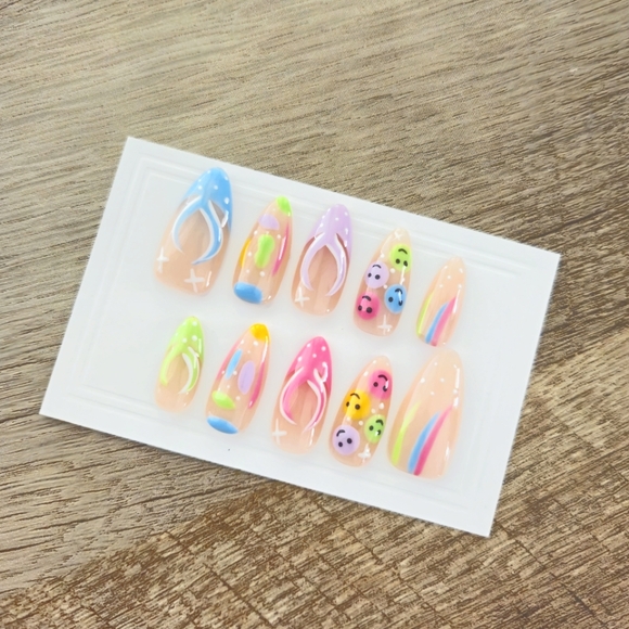 Smiley Face Colorful Nail Set Medium Almond Press on Nails Handmade Nails - Picture 1 of 2